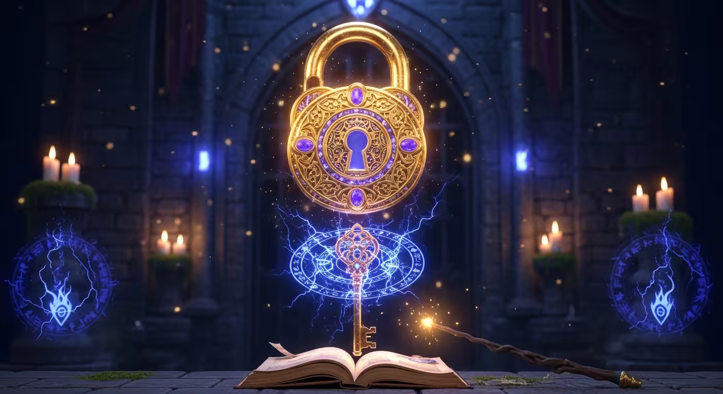 Betwarts Casino Login Guide 2026 – glowing magical padlock and key above a spellbook